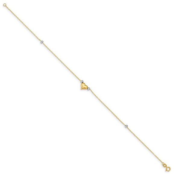 14k Yellow and White Gold Puffed Heart and Bead Anklet, 10 Inch - Picture 2 of 5